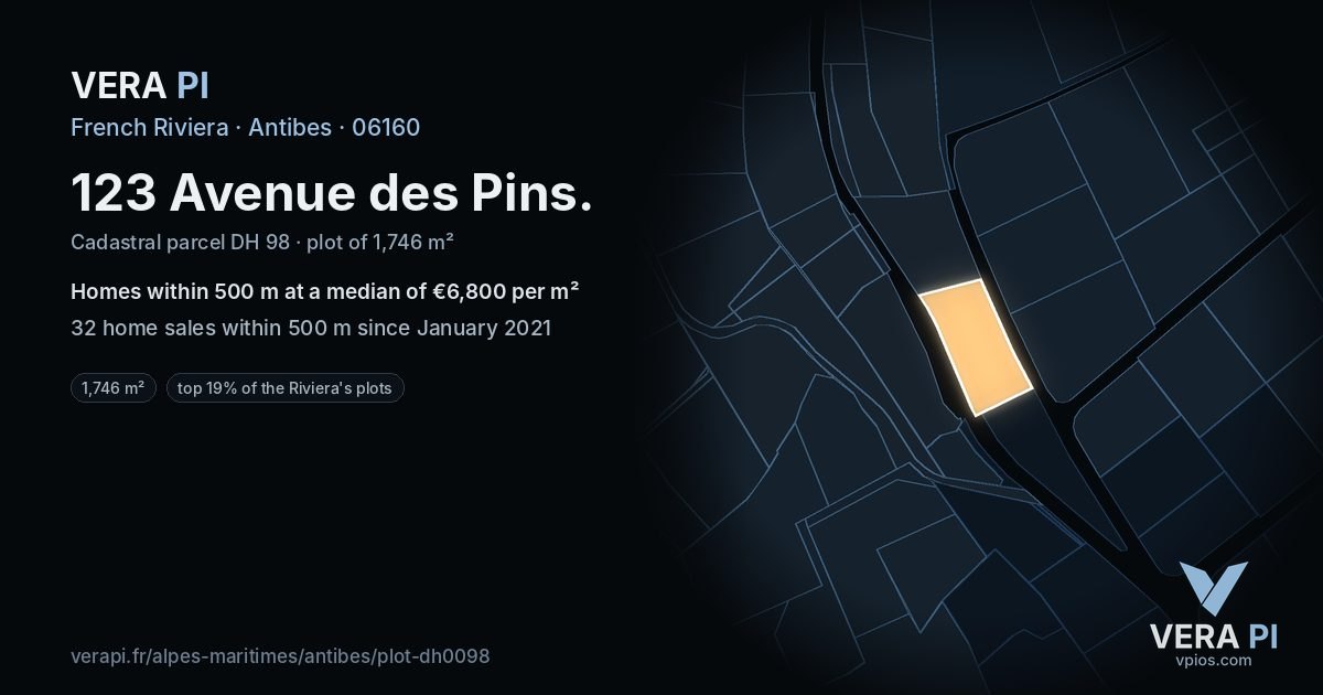 123 Avenue des Pins, Antibes at night – the plot lit, the parcels around coloured by the prices near them