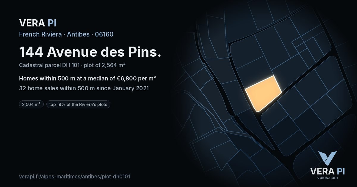 144 Avenue des Pins, Antibes at night – the plot lit, the parcels around coloured by the prices near them