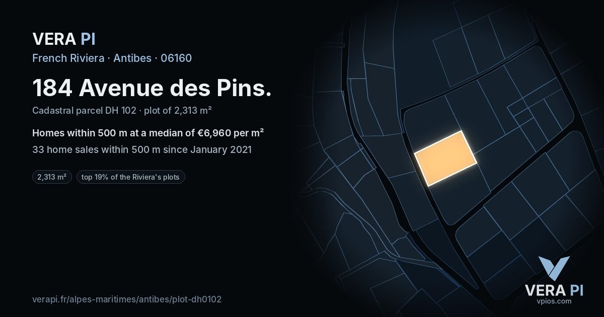 184 Avenue des Pins, Antibes at night – the plot lit, the parcels around coloured by the prices near them