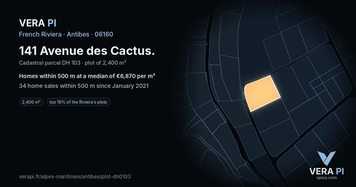 141 Avenue des Cactus, Antibes at night – the plot lit, the parcels around coloured by the prices near them