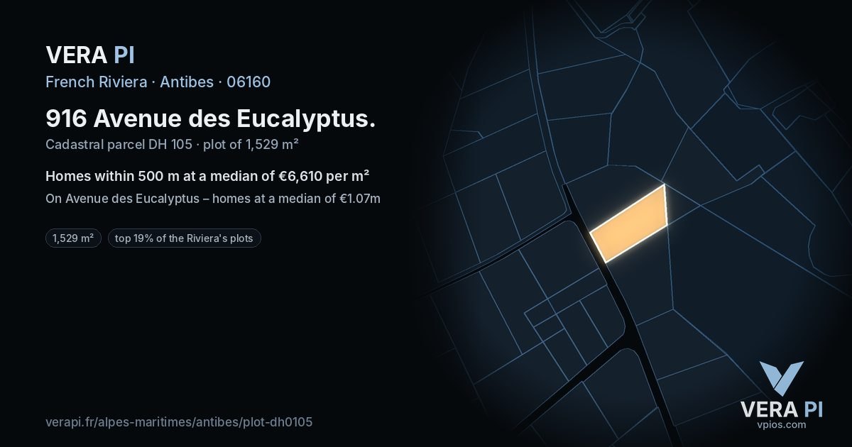 916 Avenue des Eucalyptus, Antibes at night – the plot lit, the parcels around coloured by the prices near them