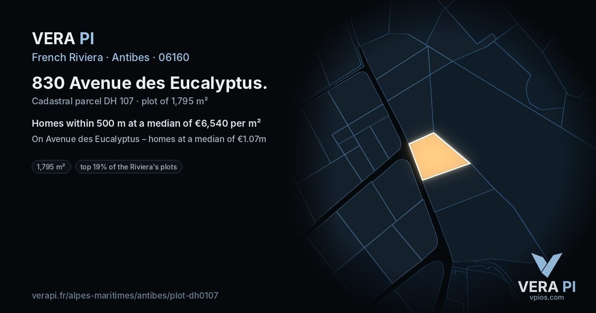 830 Avenue des Eucalyptus, Antibes at night – the plot lit, the parcels around coloured by the prices near them