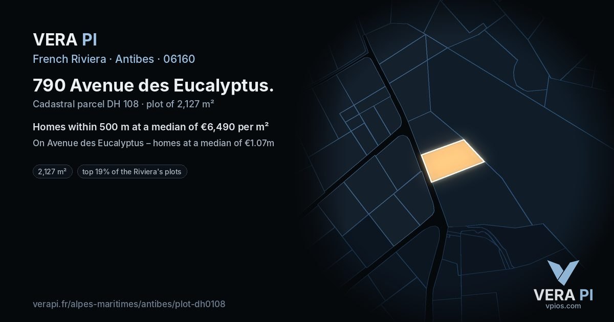 790 Avenue des Eucalyptus, Antibes at night – the plot lit, the parcels around coloured by the prices near them
