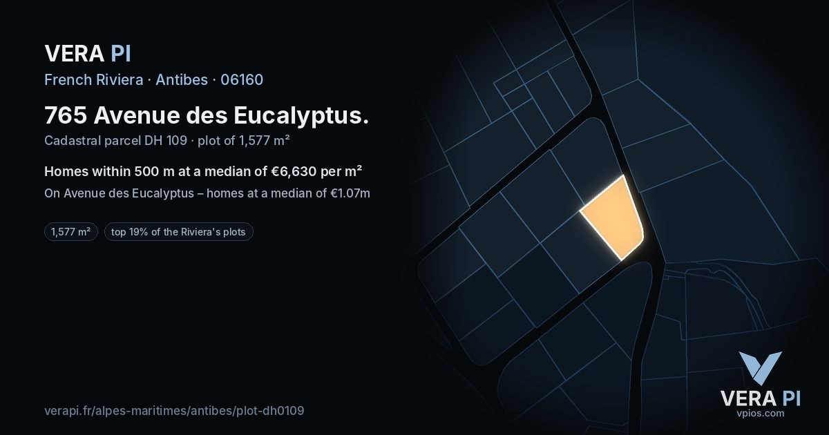 765 Avenue des Eucalyptus, Antibes at night – the plot lit, the parcels around coloured by the prices near them