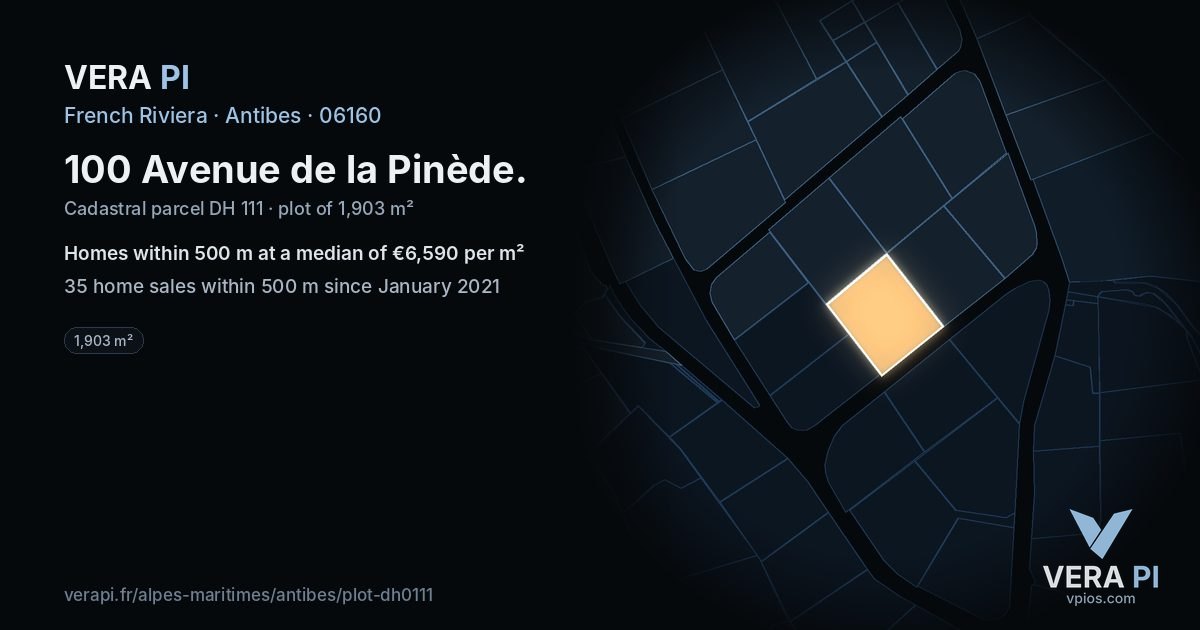 100 Avenue de la Pinède, Antibes at night – the plot lit, the parcels around coloured by the prices near them