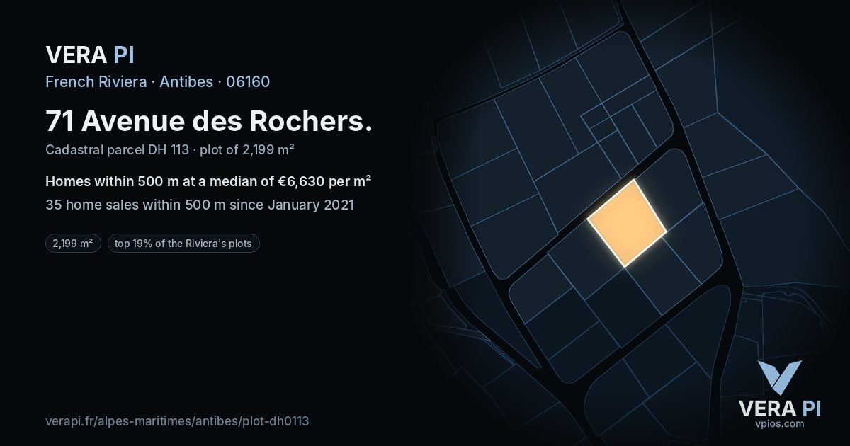 71 Avenue des Rochers, Antibes at night – the plot lit, the parcels around coloured by the prices near them