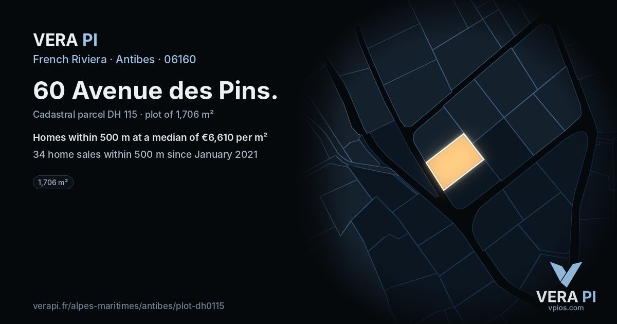 60 Avenue des Pins, Antibes at night – the plot lit, the parcels around coloured by the prices near them