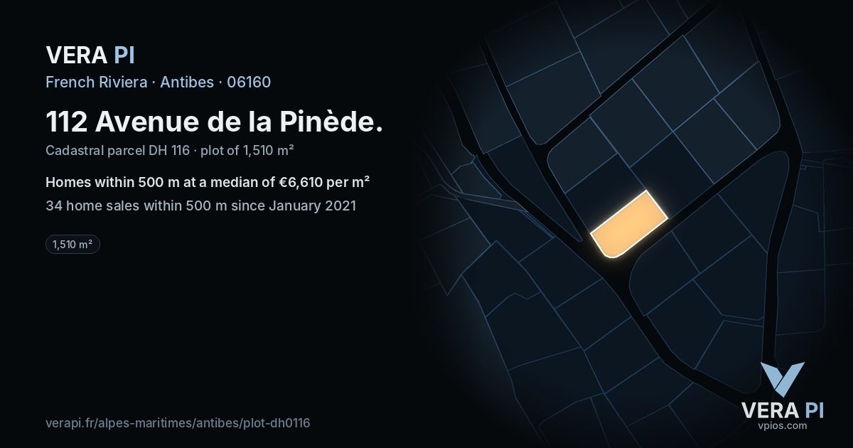 112 Avenue de la Pinède, Antibes at night – the plot lit, the parcels around coloured by the prices near them