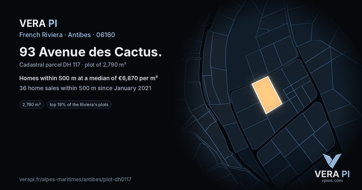 93 Avenue des Cactus, Antibes at night – the plot lit, the parcels around coloured by the prices near them