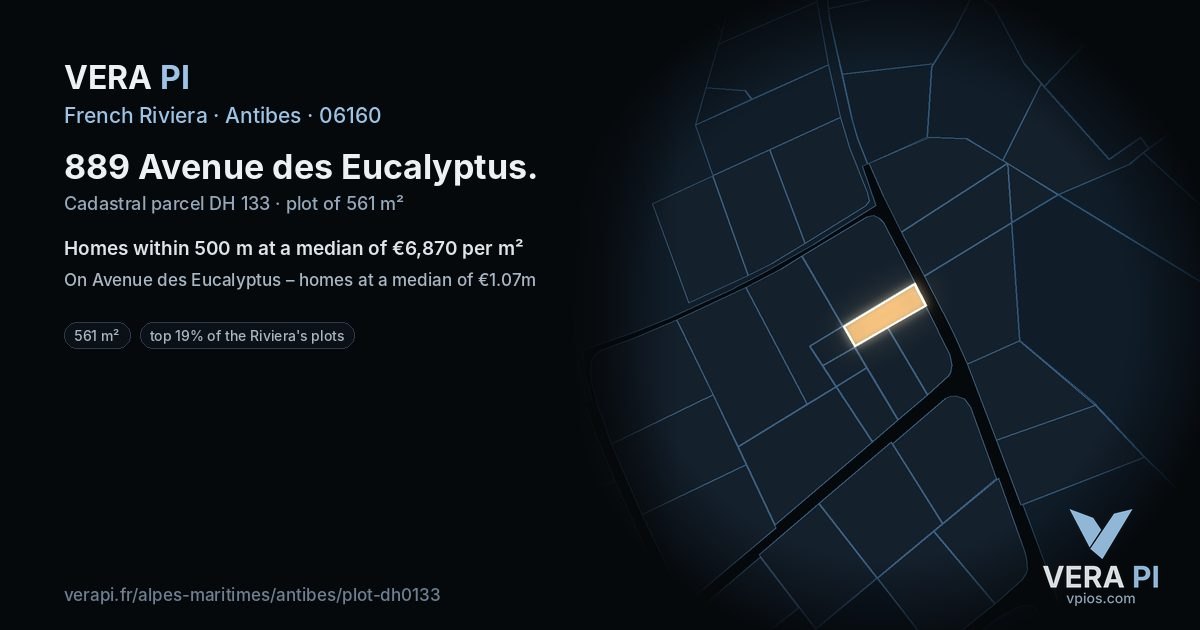 889 Avenue des Eucalyptus, Antibes at night – the plot lit, the parcels around coloured by the prices near them