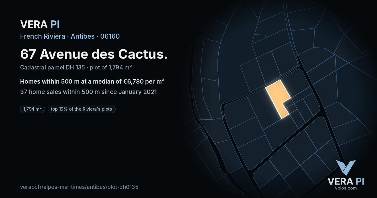 67 Avenue des Cactus, Antibes at night – the plot lit, the parcels around coloured by the prices near them