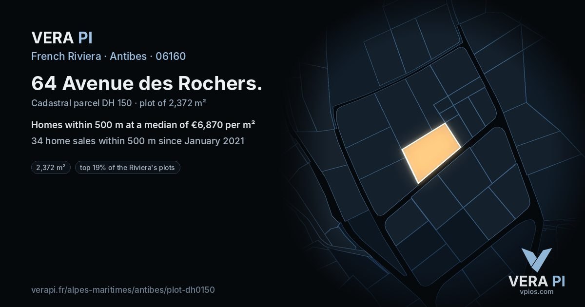 64 Avenue des Rochers, Antibes at night – the plot lit, the parcels around coloured by the prices near them