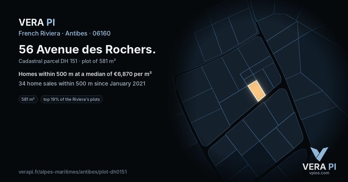 56 Avenue des Rochers, Antibes at night – the plot lit, the parcels around coloured by the prices near them