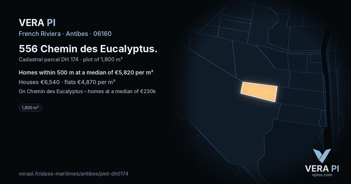 556 Chemin des Eucalyptus, Antibes at night – the plot lit, the parcels around coloured by the prices near them