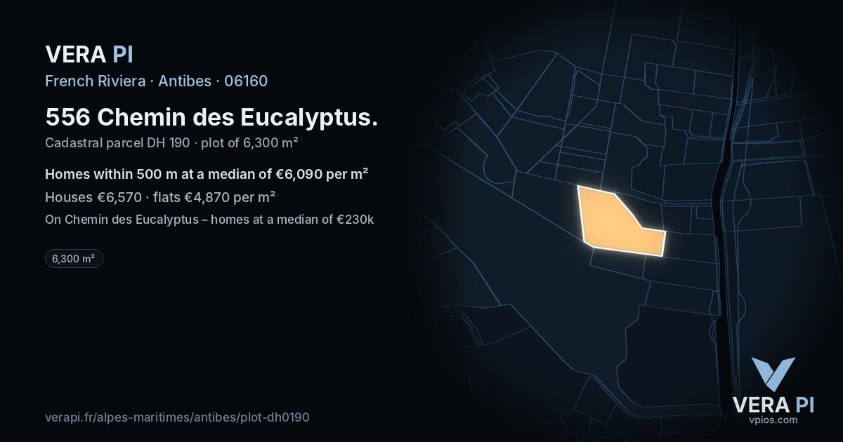 556 Chemin des Eucalyptus, Antibes at night – the plot lit, the parcels around coloured by the prices near them