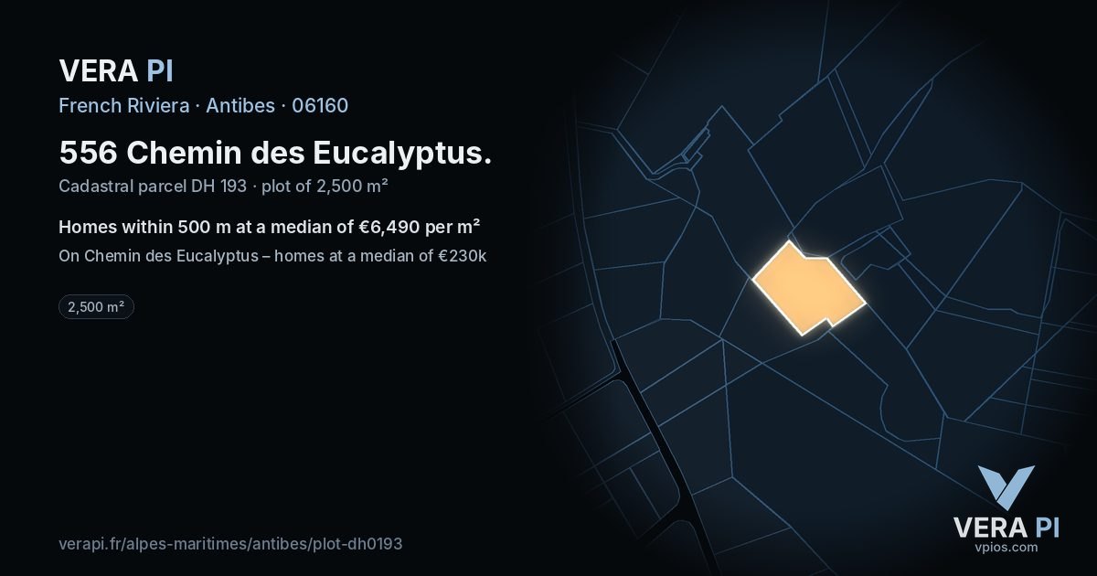 556 Chemin des Eucalyptus, Antibes at night – the plot lit, the parcels around coloured by the prices near them