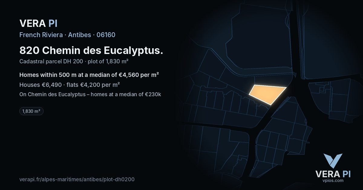 820 Chemin des Eucalyptus, Antibes at night – the plot lit, the parcels around coloured by the prices near them