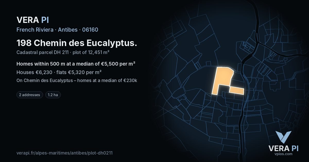 198 Chemin des Eucalyptus, Antibes at night – the plot lit, the parcels around coloured by the prices near them