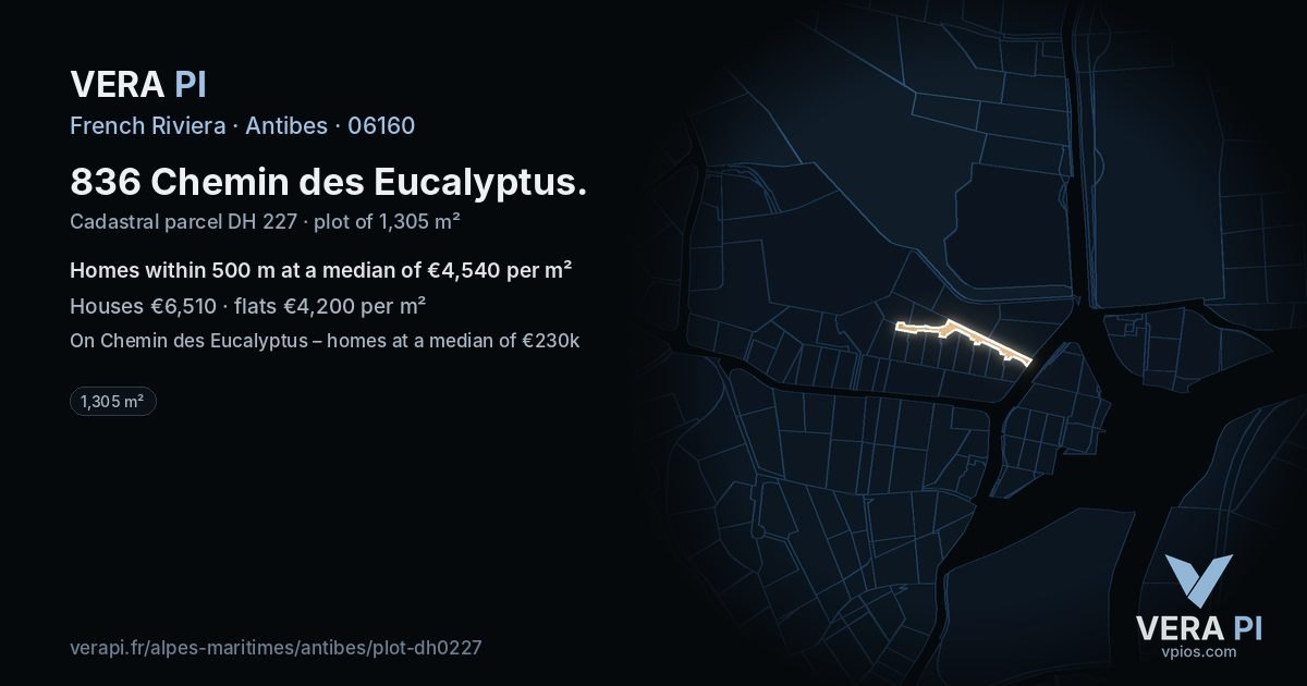 836 Chemin des Eucalyptus, Antibes at night – the plot lit, the parcels around coloured by the prices near them