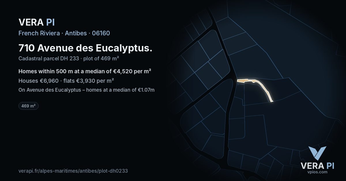 710 Avenue des Eucalyptus, Antibes at night – the plot lit, the parcels around coloured by the prices near them