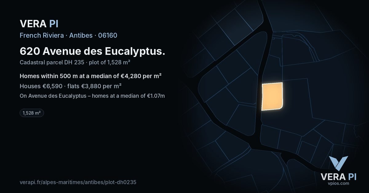 620 Avenue des Eucalyptus, Antibes at night – the plot lit, the parcels around coloured by the prices near them