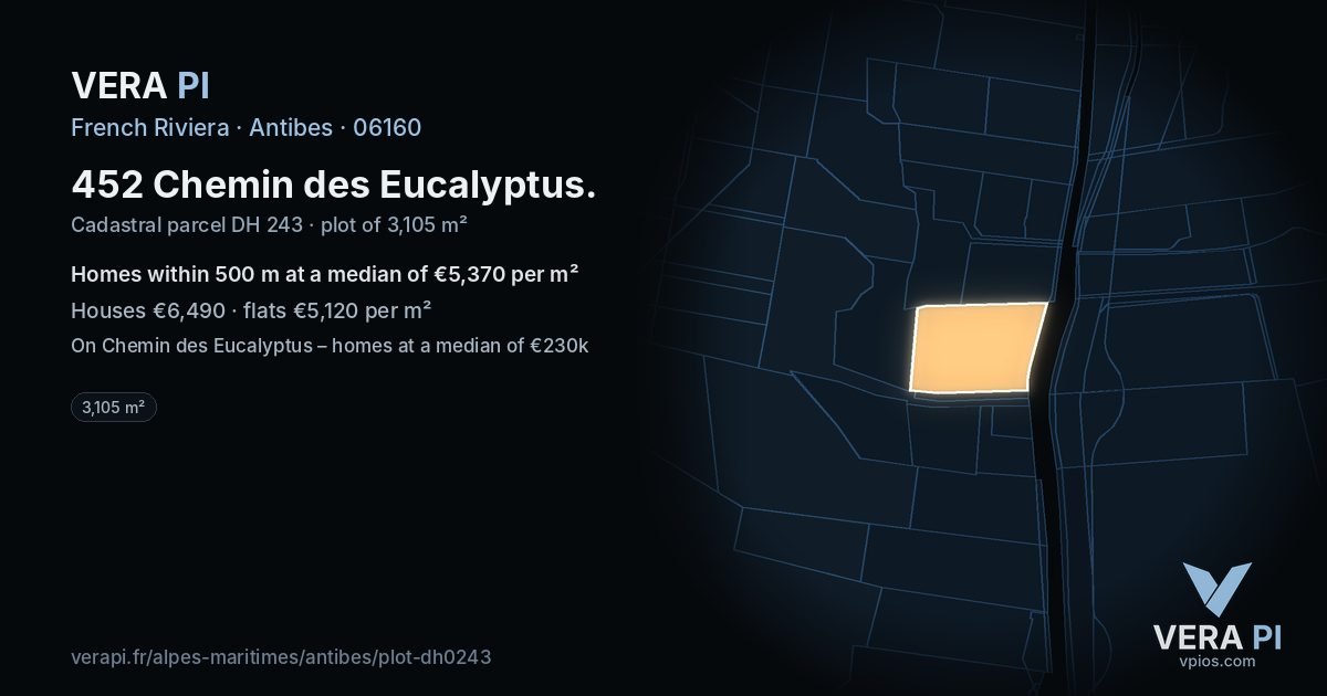 452 Chemin des Eucalyptus, Antibes at night – the plot lit, the parcels around coloured by the prices near them