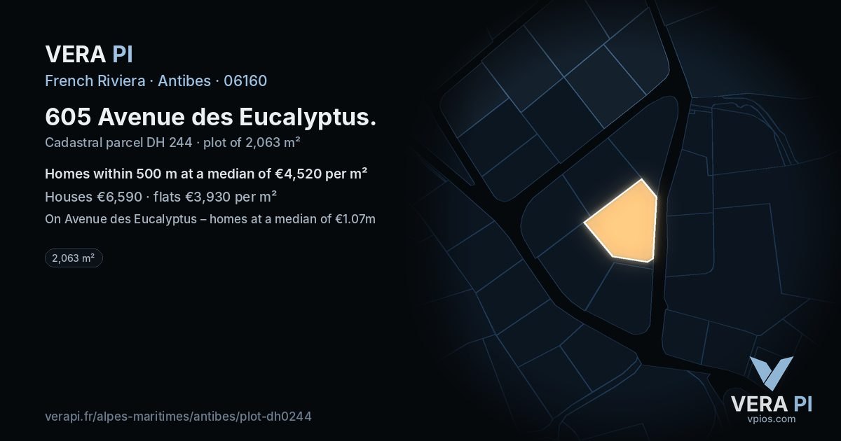 605 Avenue des Eucalyptus, Antibes at night – the plot lit, the parcels around coloured by the prices near them