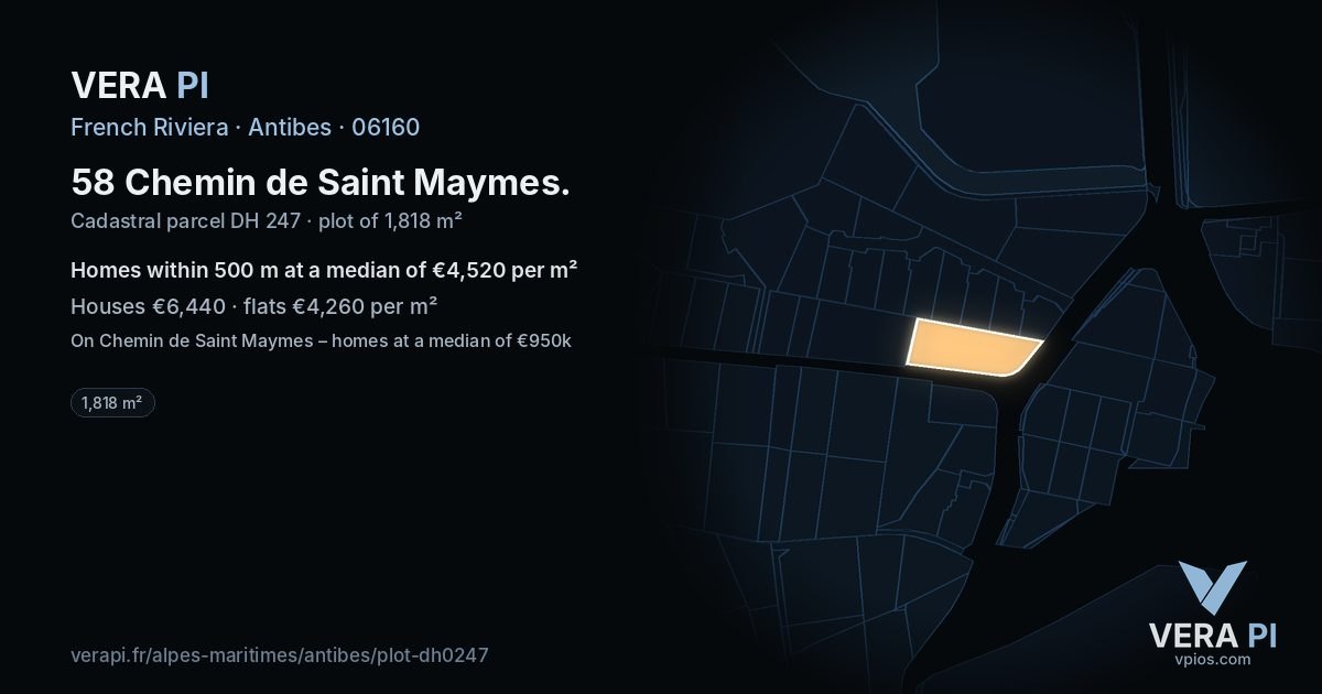 58 Chemin de Saint Maymes, Antibes at night – the plot lit, the parcels around coloured by the prices near them