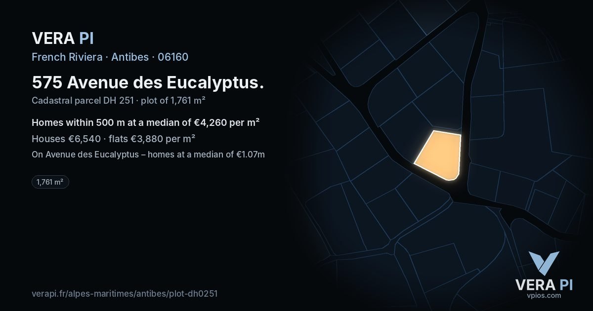 575 Avenue des Eucalyptus, Antibes at night – the plot lit, the parcels around coloured by the prices near them