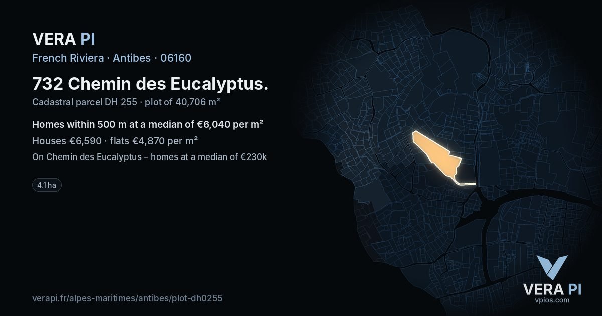 732 Chemin des Eucalyptus, Antibes at night – the plot lit, the parcels around coloured by the prices near them