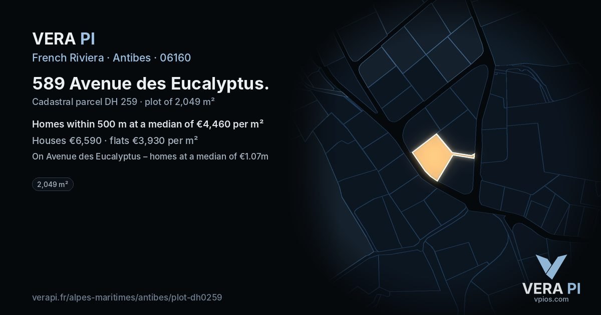 589 Avenue des Eucalyptus, Antibes at night – the plot lit, the parcels around coloured by the prices near them