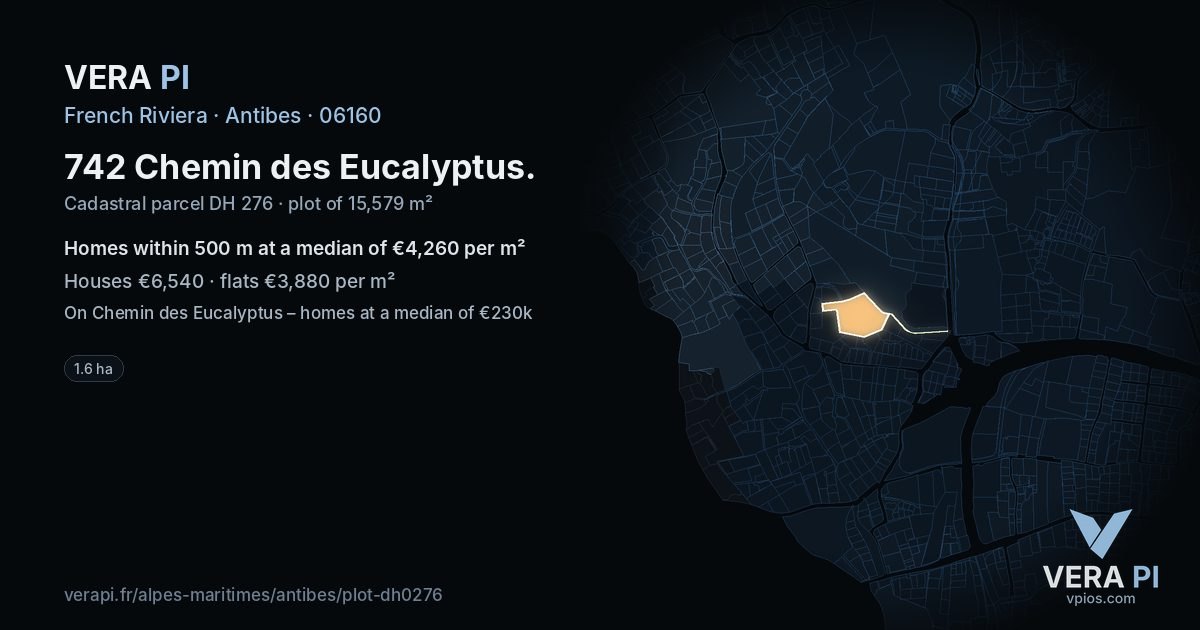 742 Chemin des Eucalyptus, Antibes at night – the plot lit, the parcels around coloured by the prices near them