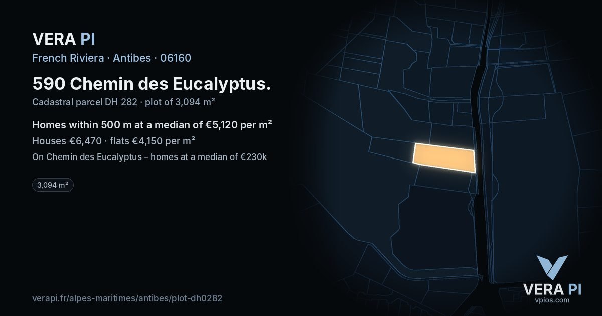 590 Chemin des Eucalyptus, Antibes at night – the plot lit, the parcels around coloured by the prices near them