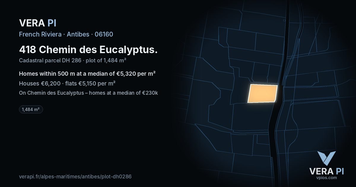 418 Chemin des Eucalyptus, Antibes at night – the plot lit, the parcels around coloured by the prices near them
