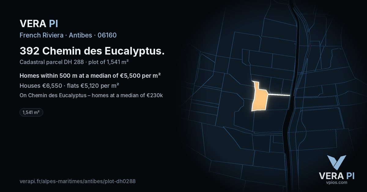 392 Chemin des Eucalyptus, Antibes at night – the plot lit, the parcels around coloured by the prices near them