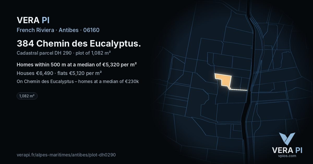 384 Chemin des Eucalyptus, Antibes at night – the plot lit, the parcels around coloured by the prices near them
