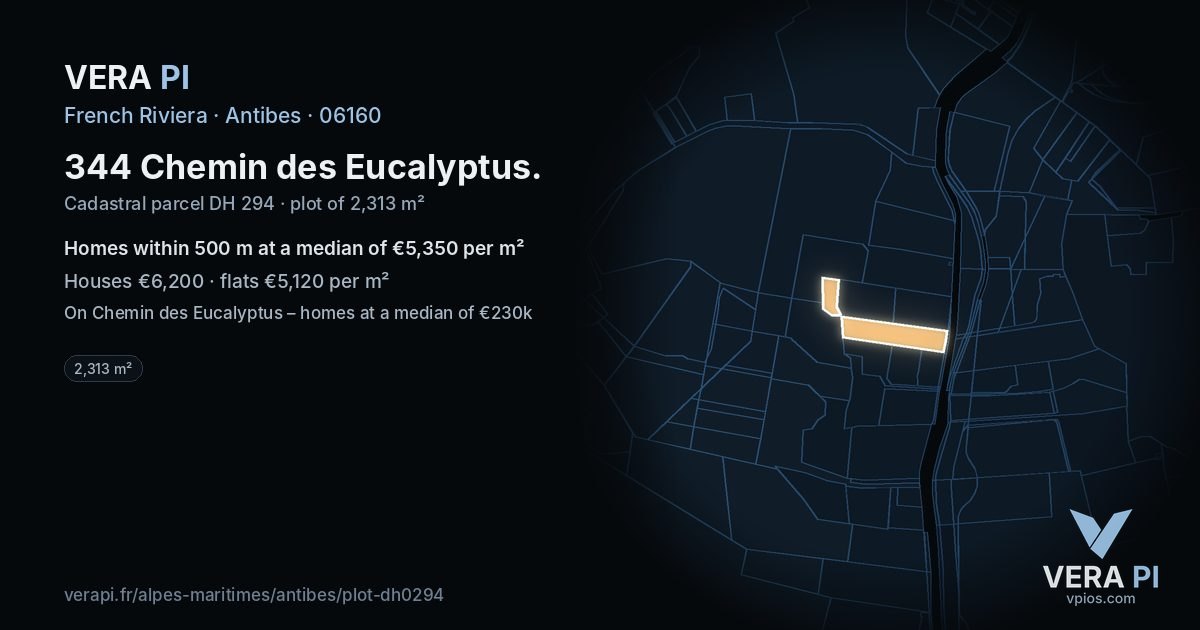 344 Chemin des Eucalyptus, Antibes at night – the plot lit, the parcels around coloured by the prices near them