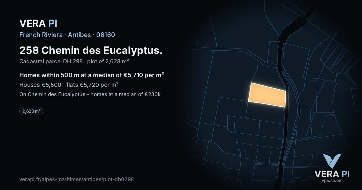 258 Chemin des Eucalyptus, Antibes at night – the plot lit, the parcels around coloured by the prices near them