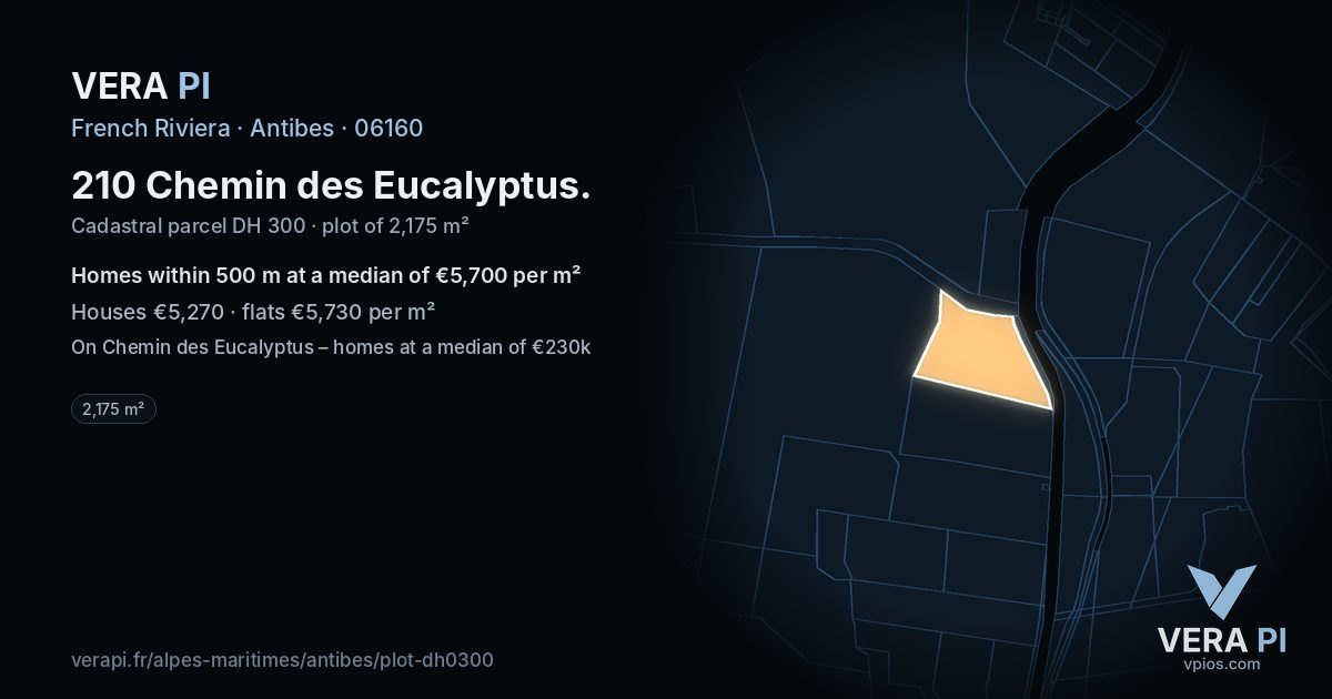 210 Chemin des Eucalyptus, Antibes at night – the plot lit, the parcels around coloured by the prices near them