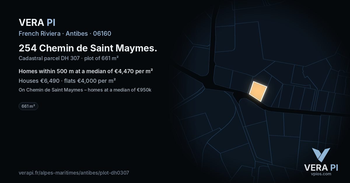254 Chemin de Saint Maymes, Antibes at night – the plot lit, the parcels around coloured by the prices near them