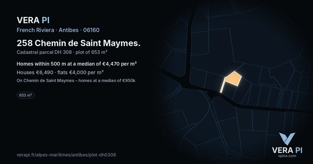258 Chemin de Saint Maymes, Antibes at night – the plot lit, the parcels around coloured by the prices near them