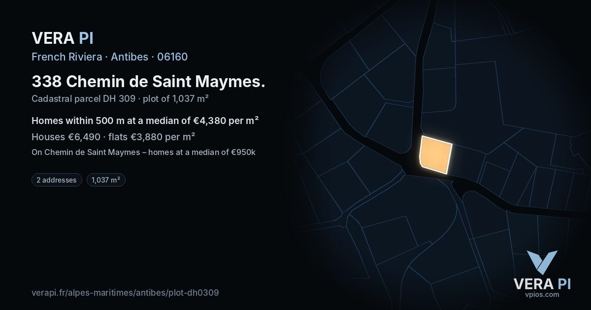 338 Chemin de Saint Maymes, Antibes at night – the plot lit, the parcels around coloured by the prices near them