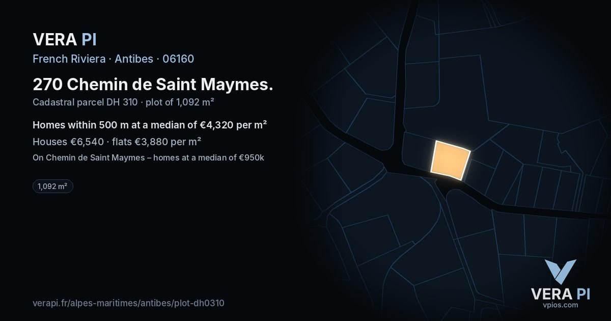270 Chemin de Saint Maymes, Antibes at night – the plot lit, the parcels around coloured by the prices near them