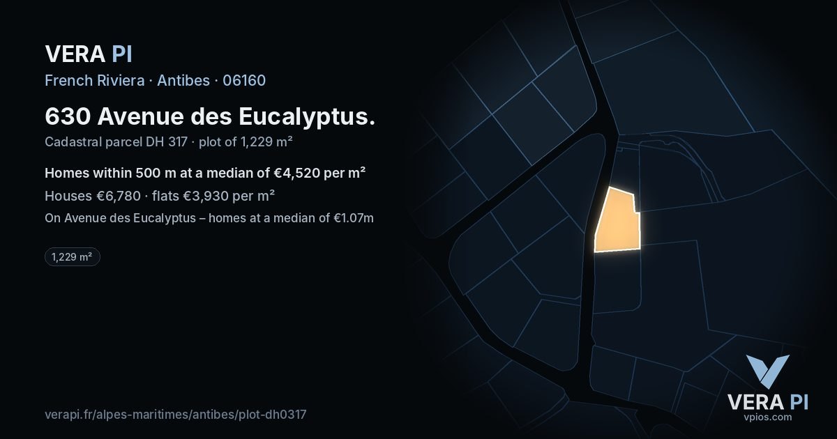 630 Avenue des Eucalyptus, Antibes at night – the plot lit, the parcels around coloured by the prices near them