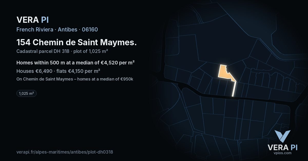 154 Chemin de Saint Maymes, Antibes at night – the plot lit, the parcels around coloured by the prices near them
