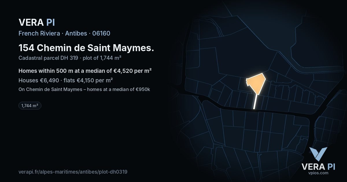 154 Chemin de Saint Maymes, Antibes at night – the plot lit, the parcels around coloured by the prices near them