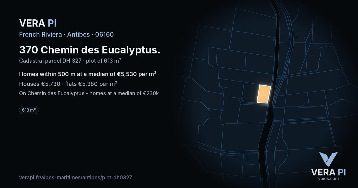 370 Chemin des Eucalyptus, Antibes at night – the plot lit, the parcels around coloured by the prices near them