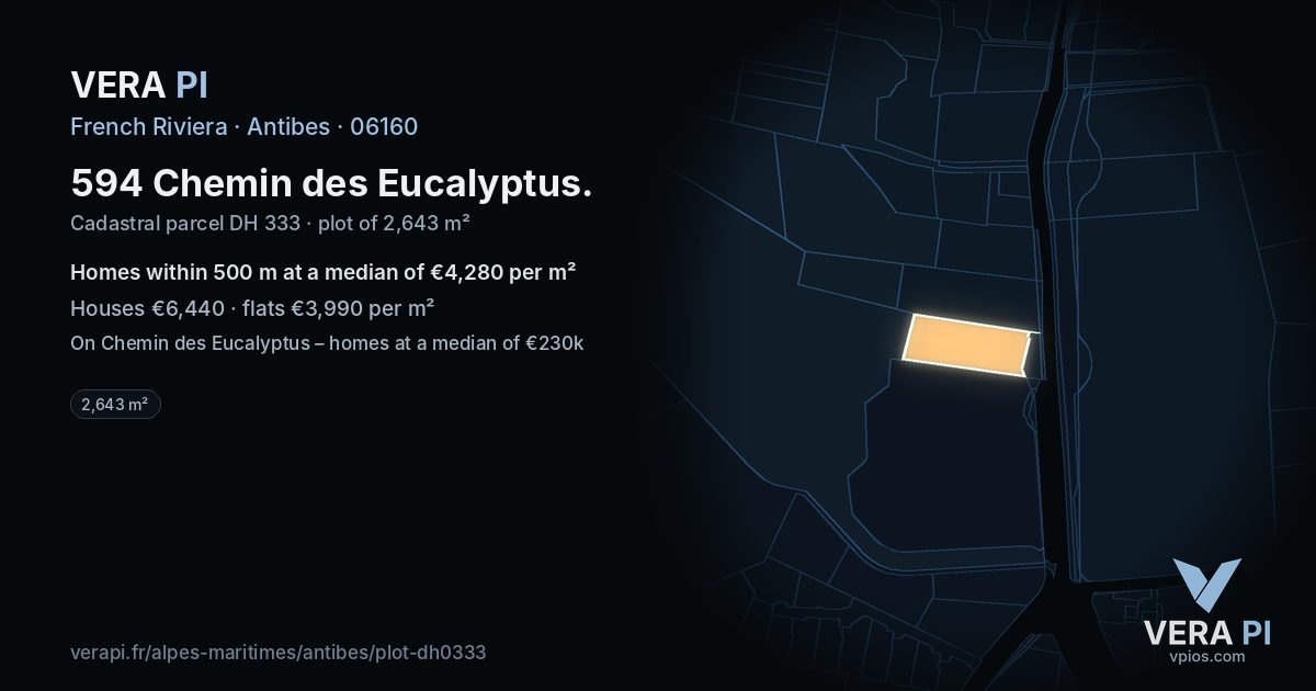 594 Chemin des Eucalyptus, Antibes at night – the plot lit, the parcels around coloured by the prices near them