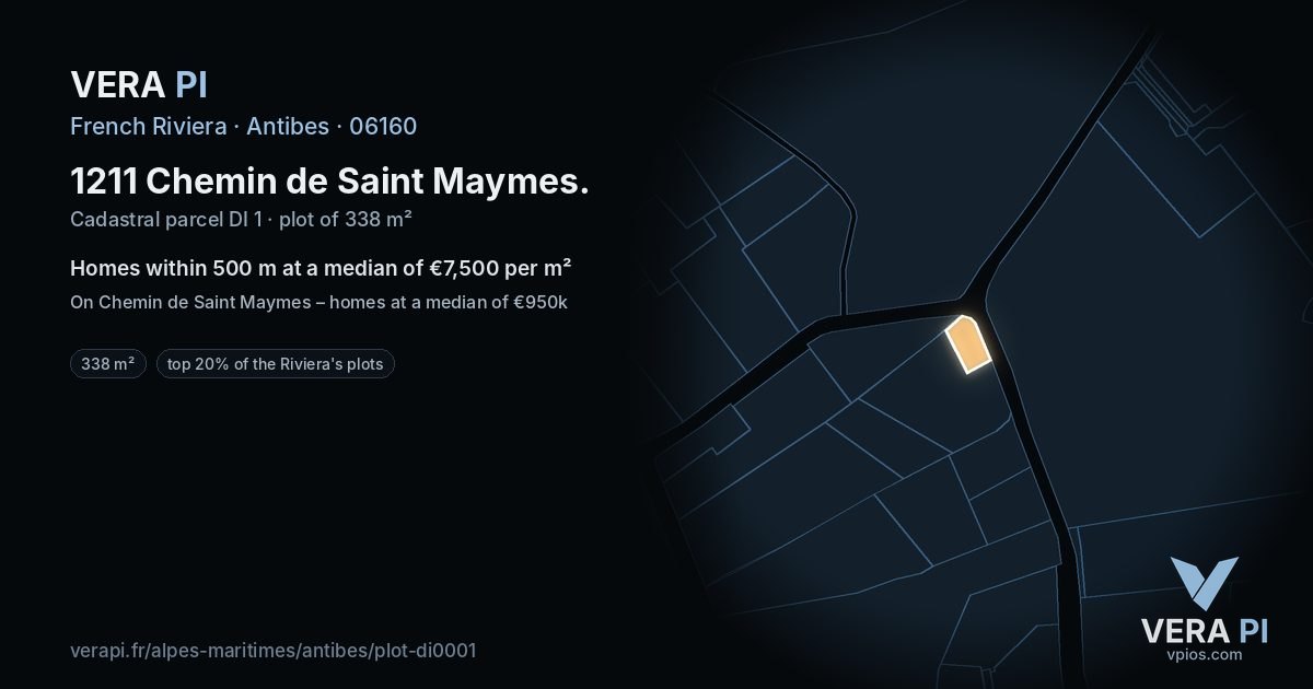 1211 Chemin de Saint Maymes, Antibes at night – the plot lit, the parcels around coloured by the prices near them