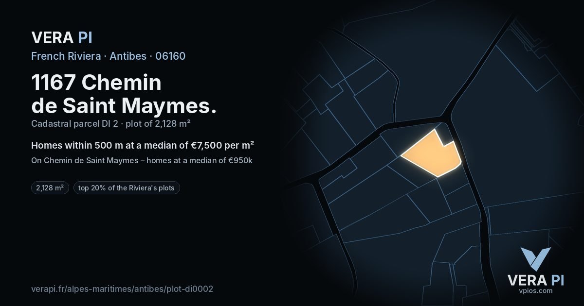 1167 Chemin de Saint Maymes, Antibes at night – the plot lit, the parcels around coloured by the prices near them